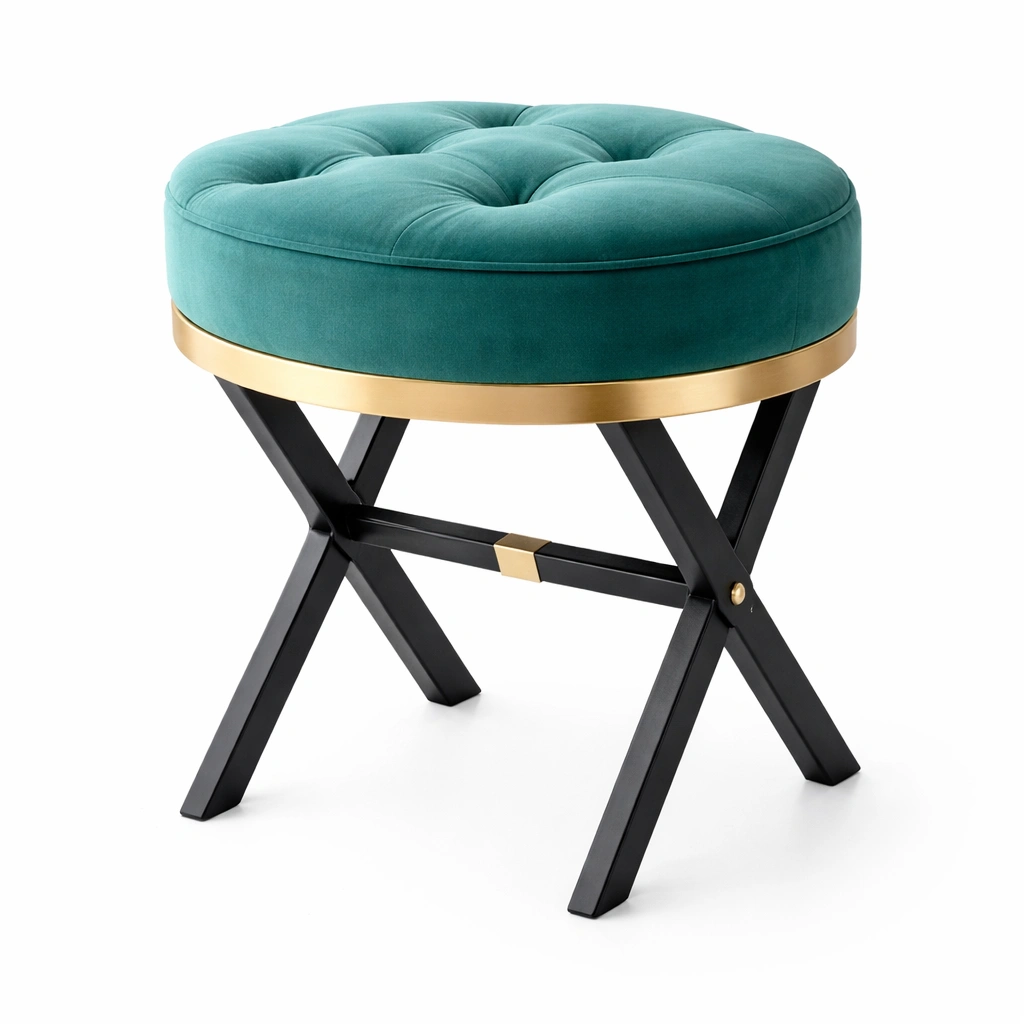Tabouret rond velours vert style moderne base mtal noir croise-Rovtravo