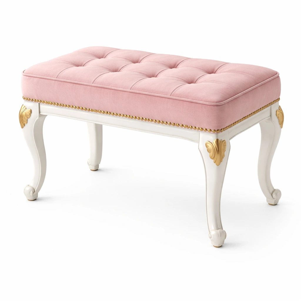 Banc tabouret capitonn velours rose style classique pieds bois-Rovtravo