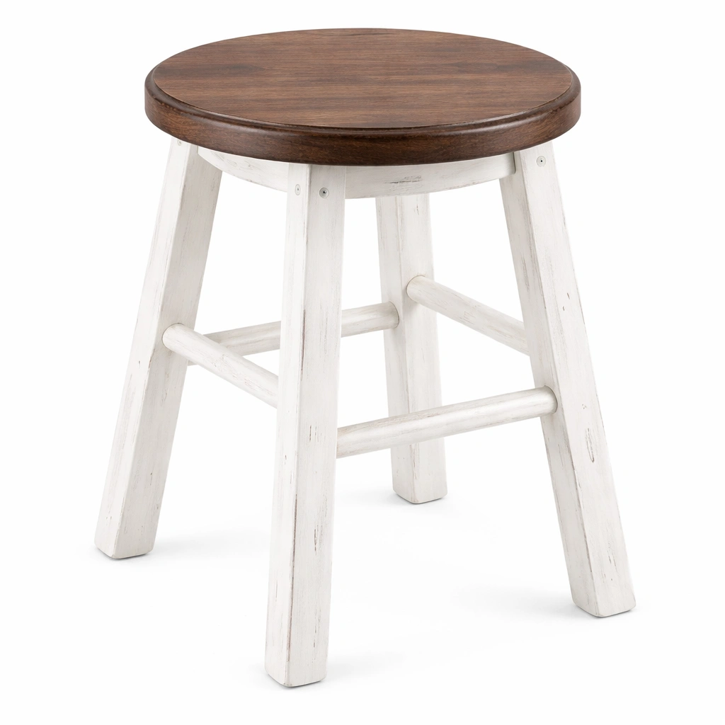Tabouret rond bois naturel assise marron pieds blanc style-Rovtravo
