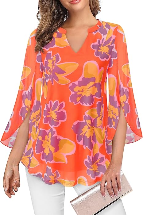 Women's 3/4 Sleeve Floral Tunic Tops V Neck Double Layers Loose Fit Mesh Blouses Shirt