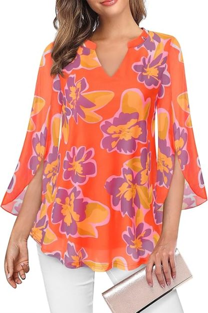 Women's 3/4 Sleeve Floral Tunic Tops V Neck Double Layers Loose Fit Mesh Blouses Shirt