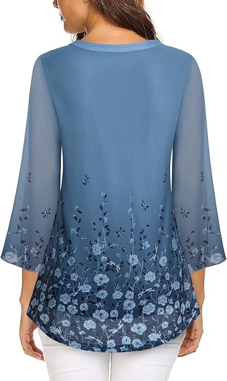 Women's 3/4 Sleeve Floral Tunic Tops V Neck Double Layers Loose Fit Mesh Blouses Shirt