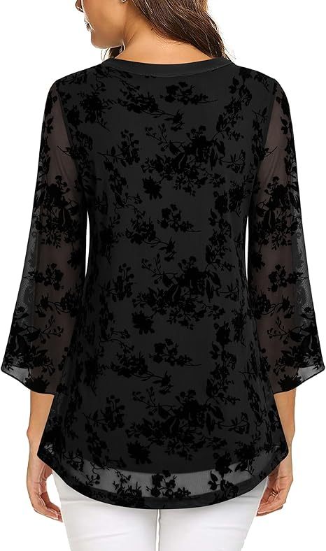 Women's 3/4 Sleeve Floral Tunic Tops V Neck Double Layers Loose Fit Mesh Blouses Shirt