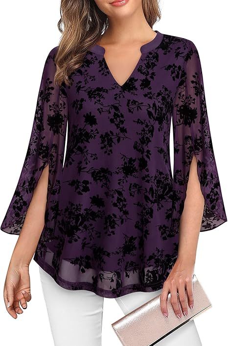 Women's 3/4 Sleeve Floral Tunic Tops V Neck Double Layers Loose Fit Mesh Blouses Shirt