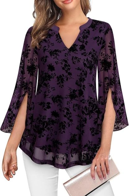 Women's 3/4 Sleeve Floral Tunic Tops V Neck Double Layers Loose Fit Mesh Blouses Shirt