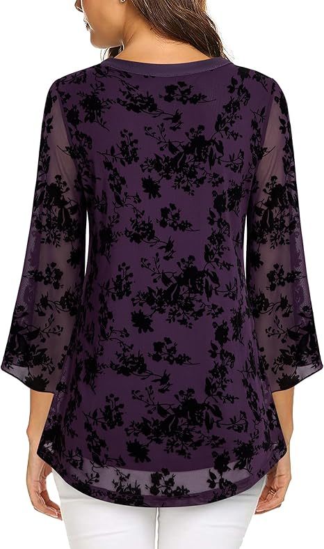 Women's 3/4 Sleeve Floral Tunic Tops V Neck Double Layers Loose Fit Mesh Blouses Shirt