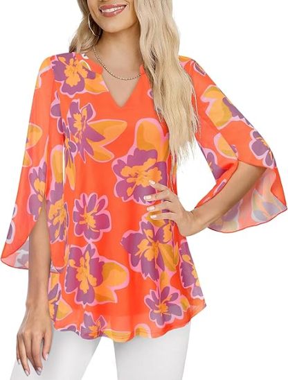Women's 3/4 Sleeve Floral Tunic Tops V Neck Double Layers Loose Fit Mesh Blouses Shirt