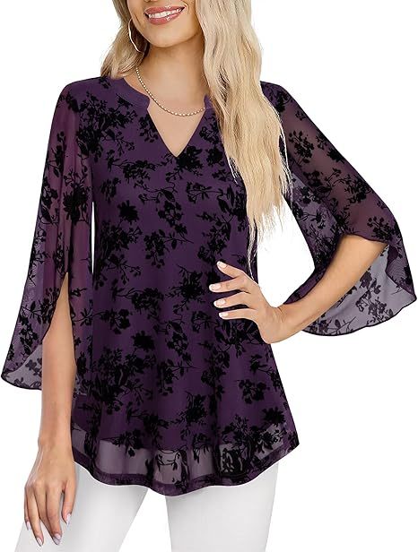 Women's 3/4 Sleeve Floral Tunic Tops V Neck Double Layers Loose Fit Mesh Blouses Shirt
