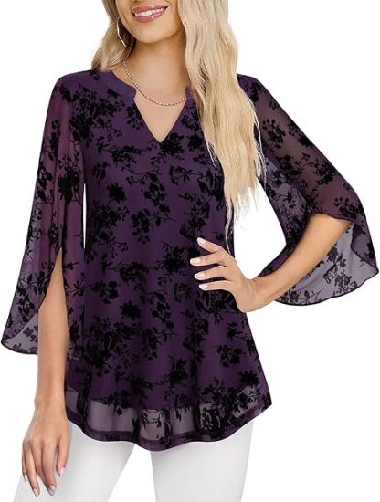 Women's 3/4 Sleeve Floral Tunic Tops V Neck Double Layers Loose Fit Mesh Blouses Shirt