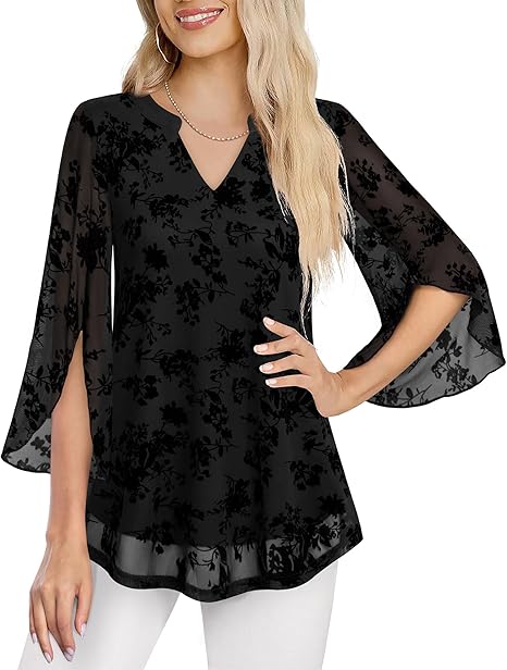 Women's 3/4 Sleeve Floral Tunic Tops V Neck Double Layers Loose Fit Mesh Blouses Shirt