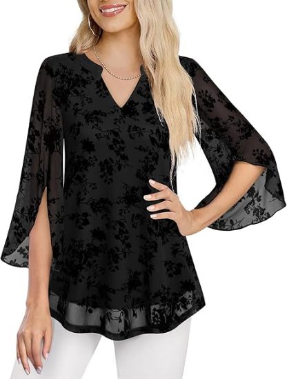 Women's 3/4 Sleeve Floral Tunic Tops V Neck Double Layers Loose Fit Mesh Blouses Shirt