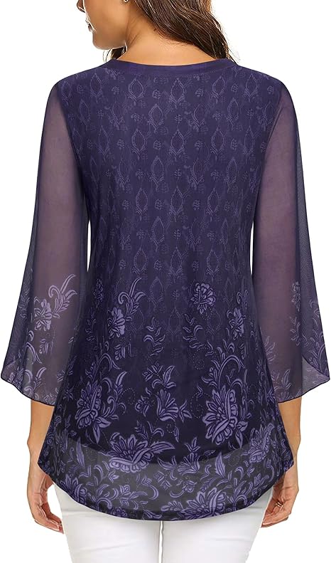Women's 3/4 Sleeve Floral Tunic Tops V Neck Double Layers Loose Fit Mesh Blouses Shirt