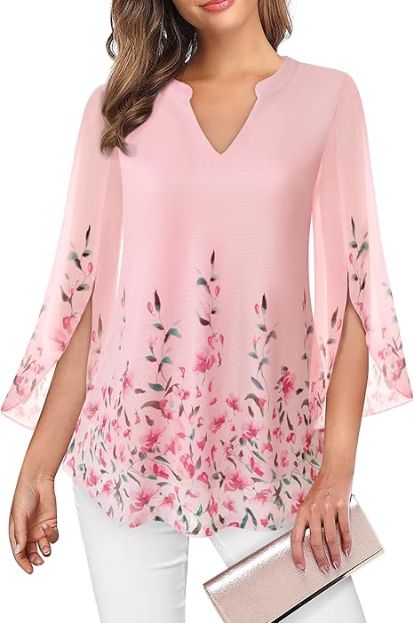 Women's 3/4 Sleeve Floral Tunic Tops V Neck Double Layers Loose Fit Mesh Blouses Shirt