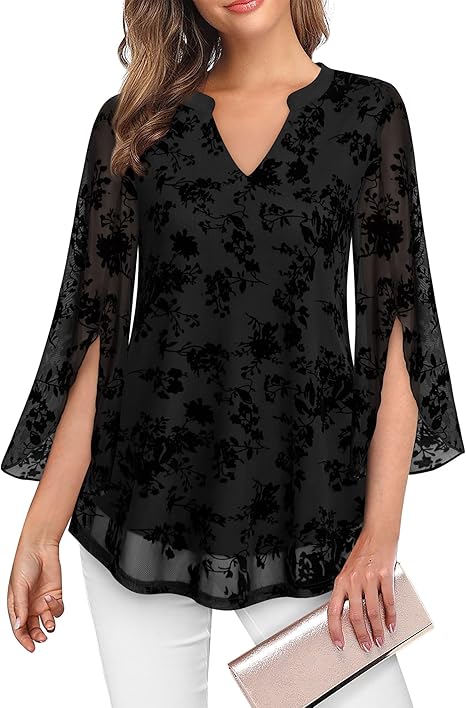 Women's 3/4 Sleeve Floral Tunic Tops V Neck Double Layers Loose Fit Mesh Blouses Shirt