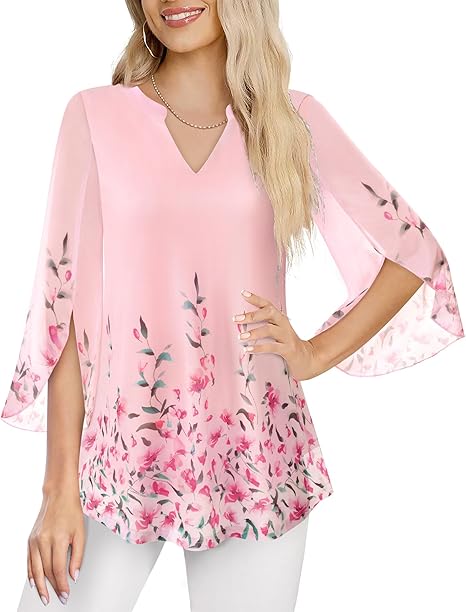 Women's 3/4 Sleeve Floral Tunic Tops V Neck Double Layers Loose Fit Mesh Blouses Shirt