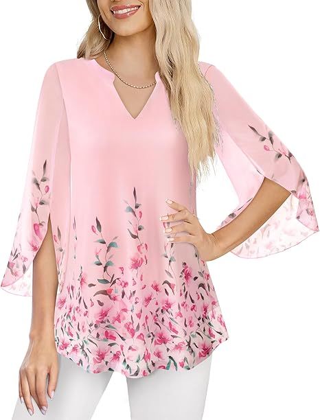 Women's 3/4 Sleeve Floral Tunic Tops V Neck Double Layers Loose Fit Mesh Blouses Shirt
