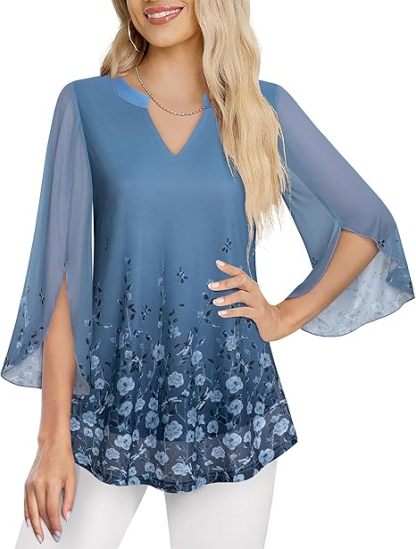 Women's 3/4 Sleeve Floral Tunic Tops V Neck Double Layers Loose Fit Mesh Blouses Shirt