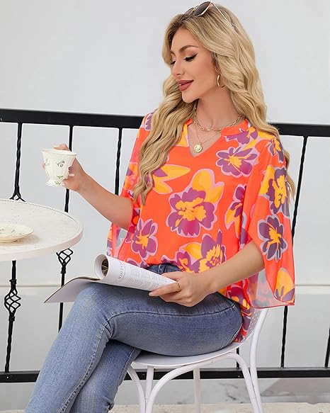 Women's 3/4 Sleeve Floral Tunic Tops V Neck Double Layers Loose Fit Mesh Blouses Shirt
