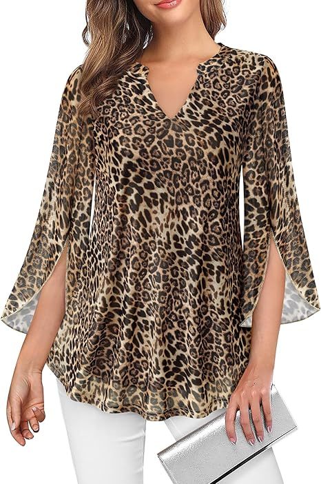 Women's 3/4 Sleeve Floral Tunic Tops V Neck Double Layers Loose Fit Mesh Blouses Shirt