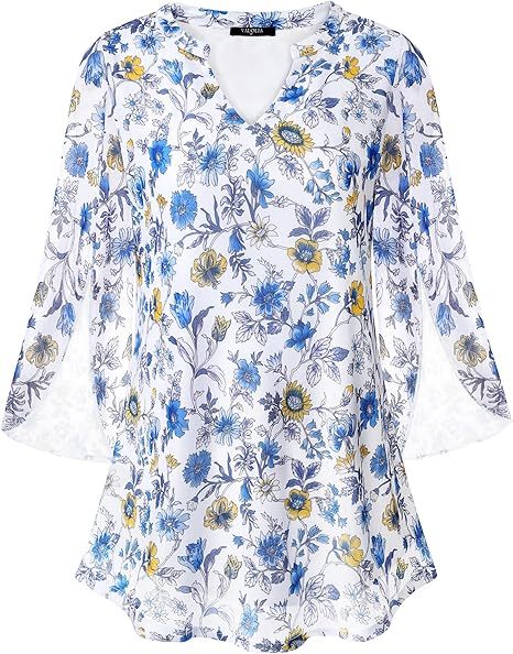 Women's 3/4 Sleeve Floral Tunic Tops V Neck Double Layers Loose Fit Mesh Blouses Shirt