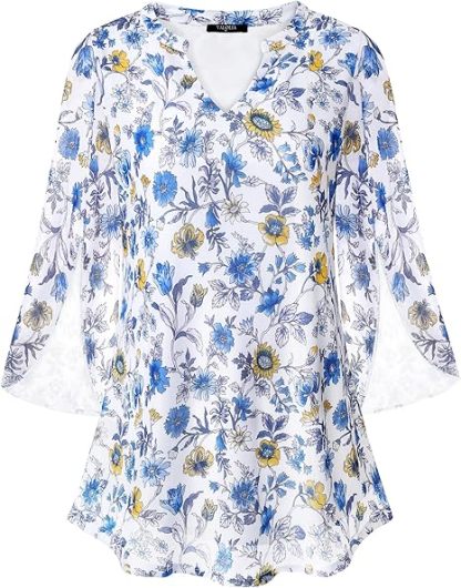 Women's 3/4 Sleeve Floral Tunic Tops V Neck Double Layers Loose Fit Mesh Blouses Shirt