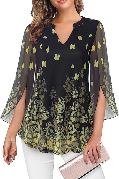 Women's 3/4 Sleeve Floral Tunic Tops V Neck Double Layers Loose Fit Mesh Blouses Shirt