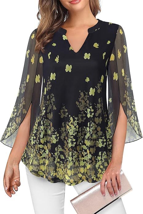 Women's 3/4 Sleeve Floral Tunic Tops V Neck Double Layers Loose Fit Mesh Blouses Shirt