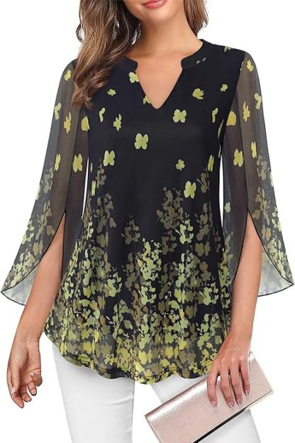 Women's 3/4 Sleeve Floral Tunic Tops V Neck Double Layers Loose Fit Mesh Blouses Shirt