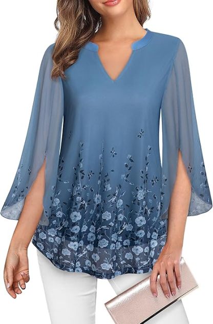 Women's 3/4 Sleeve Floral Tunic Tops V Neck Double Layers Loose Fit Mesh Blouses Shirt