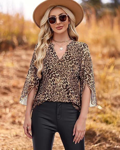 Women's 3/4 Sleeve Floral Tunic Tops V Neck Double Layers Loose Fit Mesh Blouses Shirt