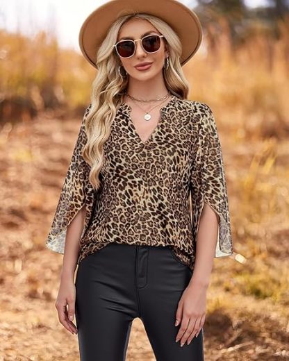 Women's 3/4 Sleeve Floral Tunic Tops V Neck Double Layers Loose Fit Mesh Blouses Shirt