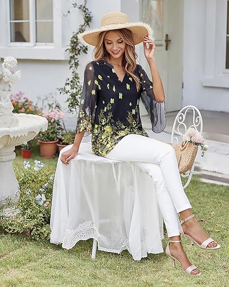 Women's 3/4 Sleeve Floral Tunic Tops V Neck Double Layers Loose Fit Mesh Blouses Shirt
