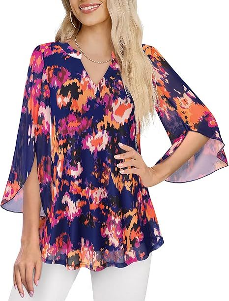 Women's 3/4 Sleeve Floral Tunic Tops V Neck Double Layers Loose Fit Mesh Blouses Shirt