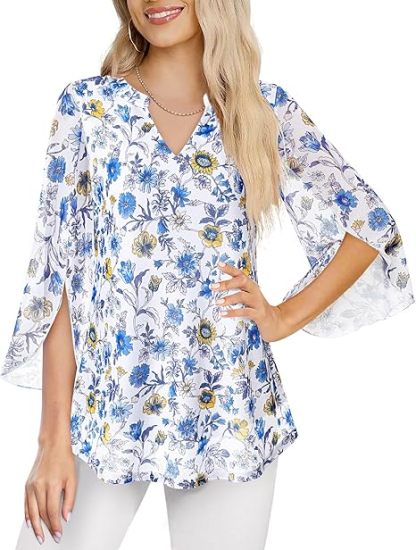 Women's 3/4 Sleeve Floral Tunic Tops V Neck Double Layers Loose Fit Mesh Blouses Shirt