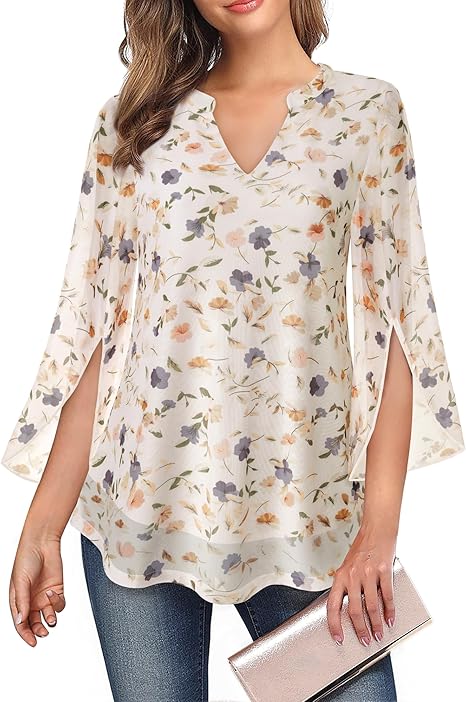 Women's 3/4 Sleeve Floral Tunic Tops V Neck Double Layers Loose Fit Mesh Blouses Shirt