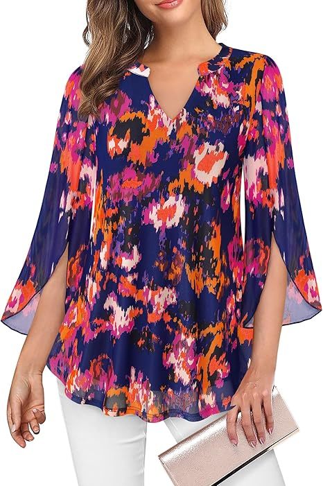 Women's 3/4 Sleeve Floral Tunic Tops V Neck Double Layers Loose Fit Mesh Blouses Shirt