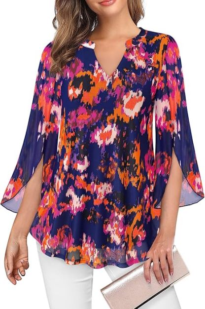 Women's 3/4 Sleeve Floral Tunic Tops V Neck Double Layers Loose Fit Mesh Blouses Shirt