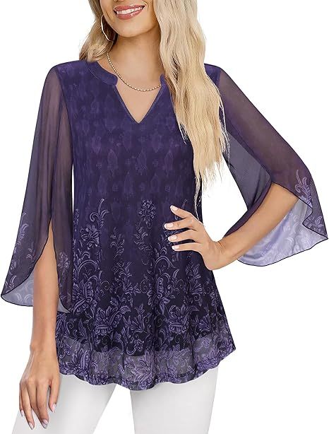 Women's 3/4 Sleeve Floral Tunic Tops V Neck Double Layers Loose Fit Mesh Blouses Shirt