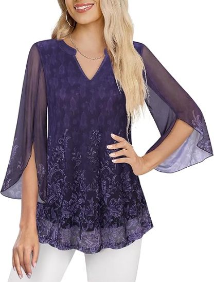 Women's 3/4 Sleeve Floral Tunic Tops V Neck Double Layers Loose Fit Mesh Blouses Shirt