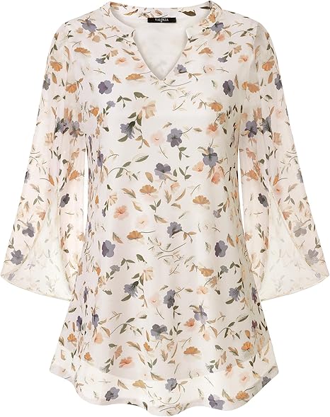 Women's 3/4 Sleeve Floral Tunic Tops V Neck Double Layers Loose Fit Mesh Blouses Shirt