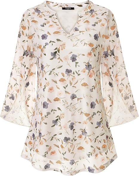 Women's 3/4 Sleeve Floral Tunic Tops V Neck Double Layers Loose Fit Mesh Blouses Shirt