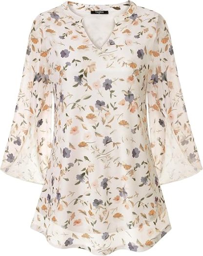 Women's 3/4 Sleeve Floral Tunic Tops V Neck Double Layers Loose Fit Mesh Blouses Shirt