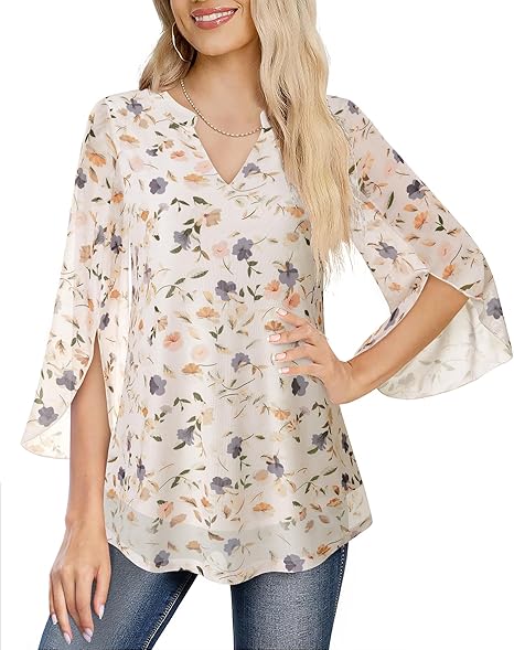 Women's 3/4 Sleeve Floral Tunic Tops V Neck Double Layers Loose Fit Mesh Blouses Shirt