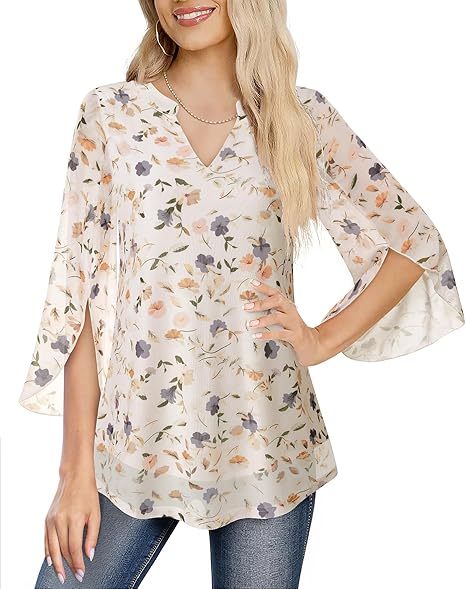 Women's 3/4 Sleeve Floral Tunic Tops V Neck Double Layers Loose Fit Mesh Blouses Shirt