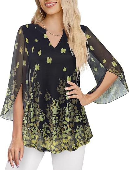 Women's 3/4 Sleeve Floral Tunic Tops V Neck Double Layers Loose Fit Mesh Blouses Shirt