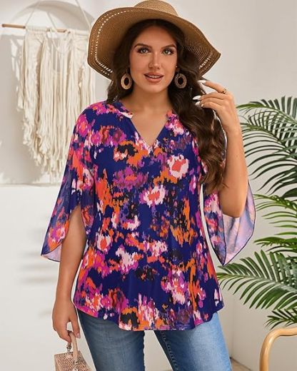 Women's 3/4 Sleeve Floral Tunic Tops V Neck Double Layers Loose Fit Mesh Blouses Shirt