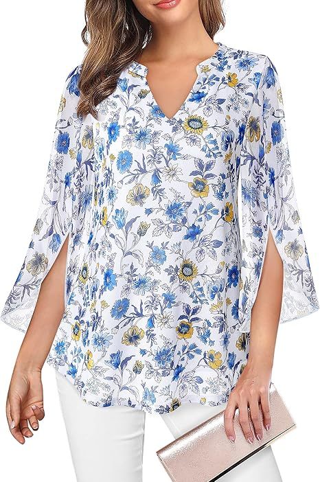 Women's 3/4 Sleeve Floral Tunic Tops V Neck Double Layers Loose Fit Mesh Blouses Shirt
