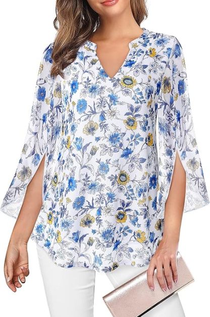 Women's 3/4 Sleeve Floral Tunic Tops V Neck Double Layers Loose Fit Mesh Blouses Shirt