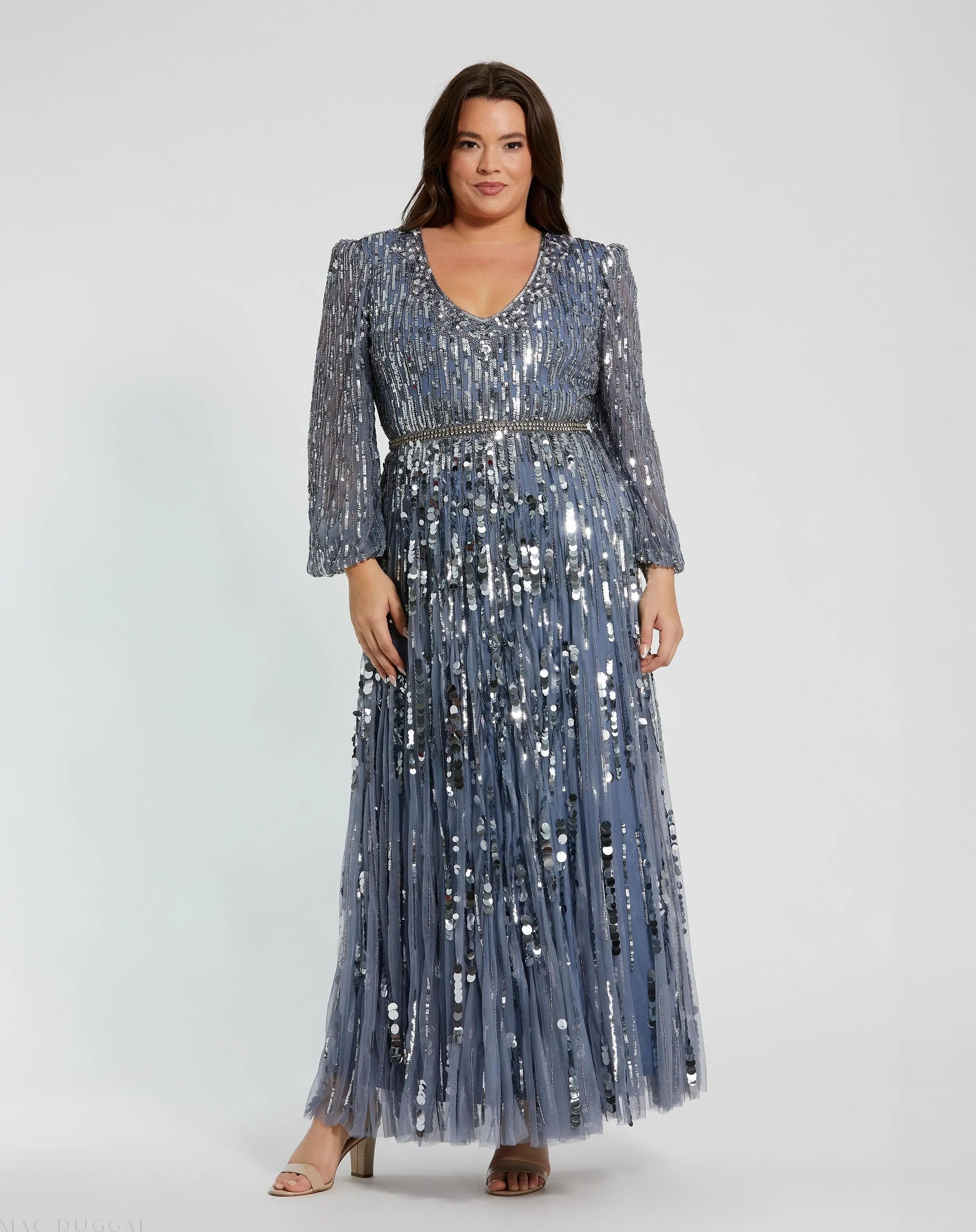 Blue Long Sleeve V-Neck Embellished Gown (Plus)-Myartka