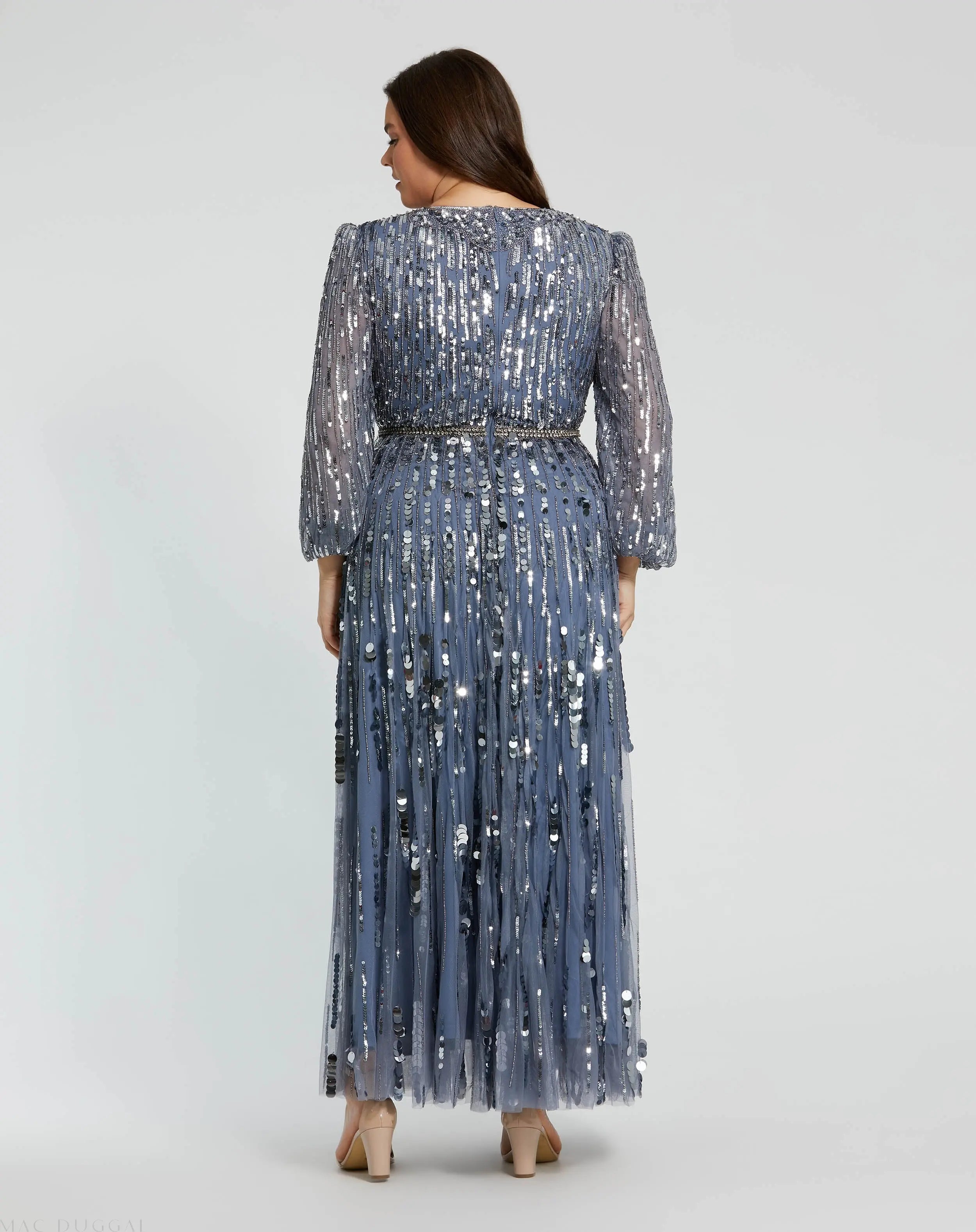 Blue Long Sleeve V-Neck Embellished Gown (Plus)-Myartka